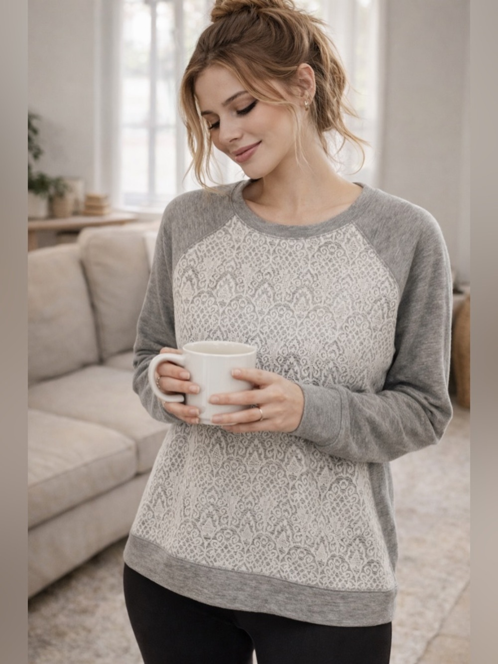 Ava & Viv Lace Sweatshirt Gray Raglan Pullover XL Cozy Casual Feminine Sweater